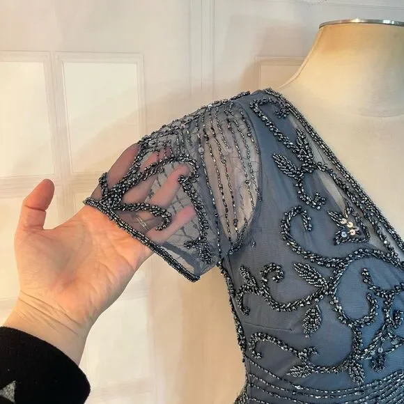 Pisarro Nights Sapphire Beaded Mesh V-Neck Short Sleeve Formal Gown Size 4 - Picture 6 of 14